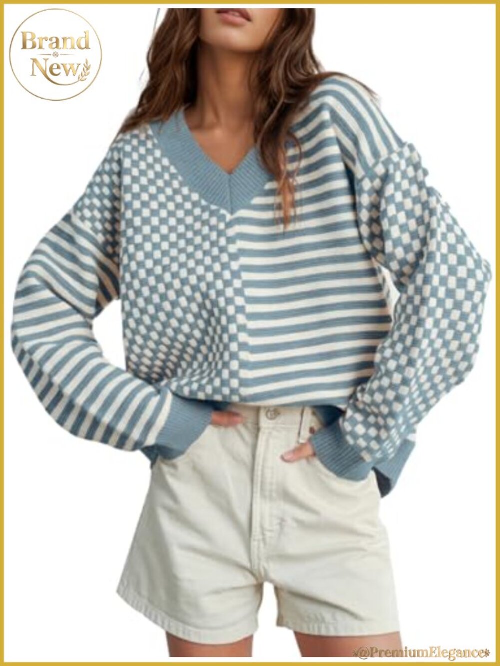 Women's V-Neck Striped Patchwork Pullover Sweater Loose Fit Long Sleeve